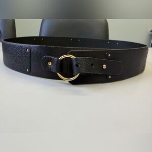 Cole Haan Black Pebbled Leather Wide Waist Belt - Gold Hardware - Size M